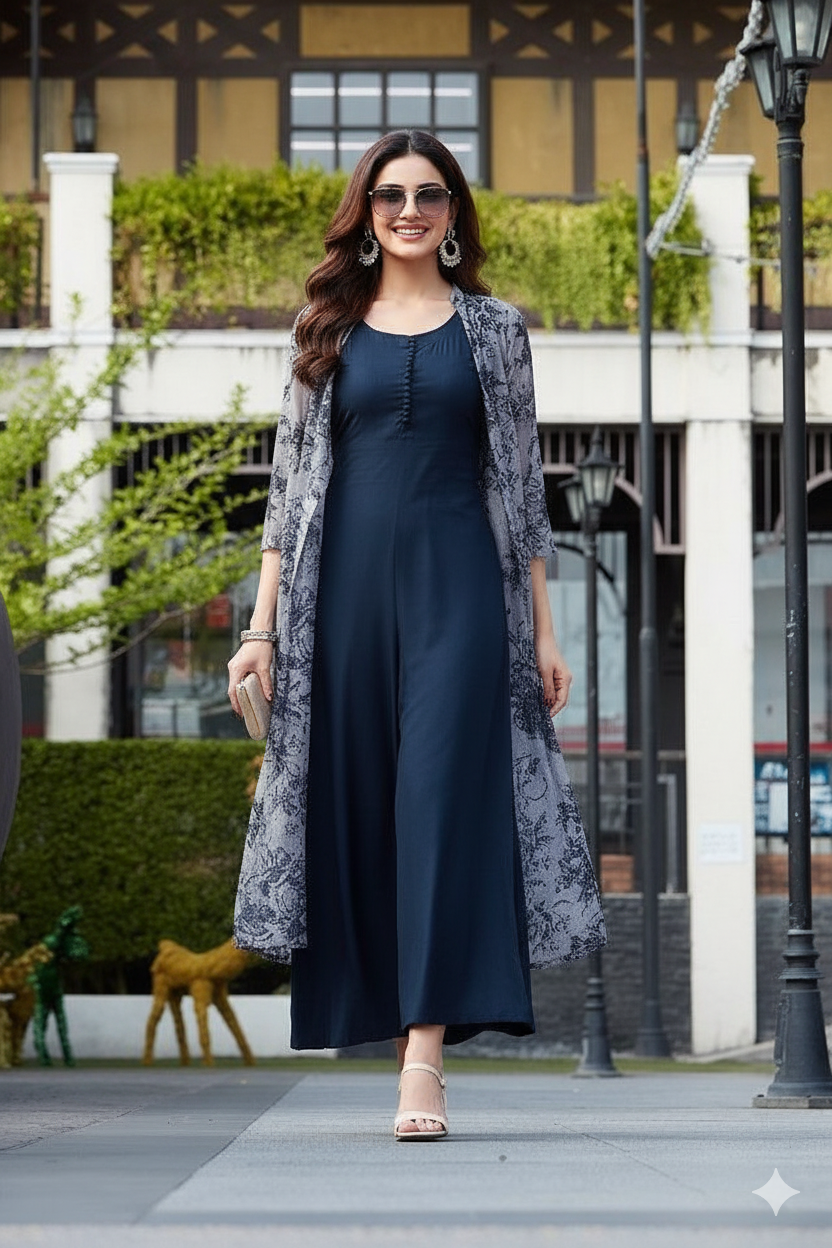 Open style long outfit in navy blue color